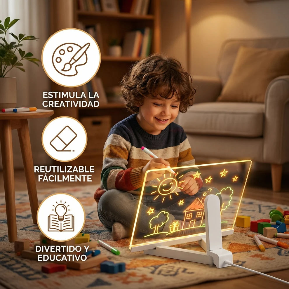 Pizarra de dibujo de escritura con LED para niños | Superficie reutilizable con luz para notas creativas, arte y aprendizaje